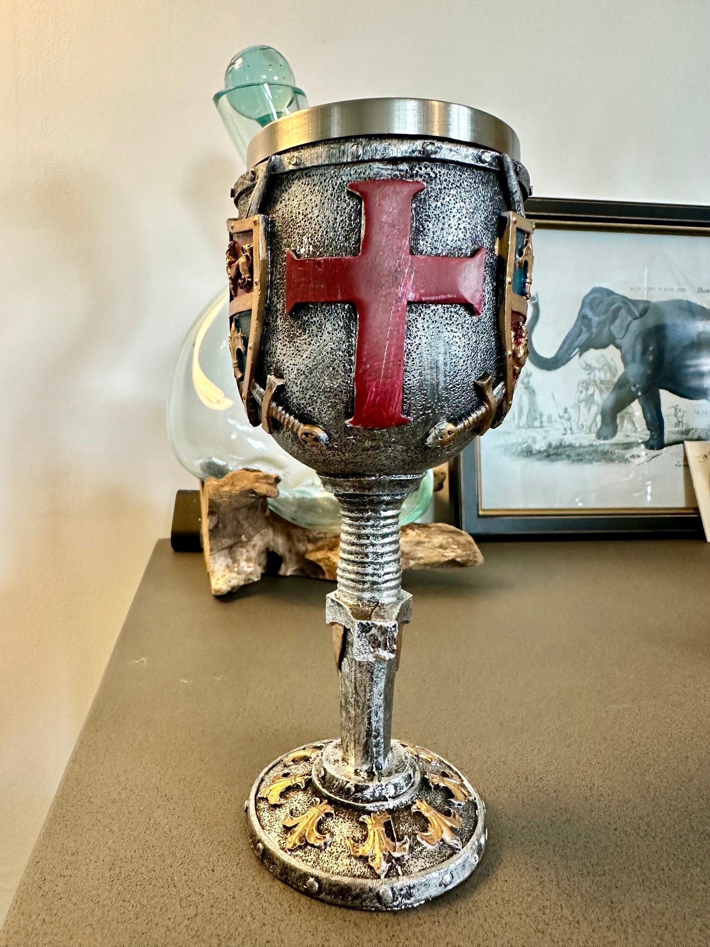 Coat Of Arms & Sword Medieval Goblet Glass Cup