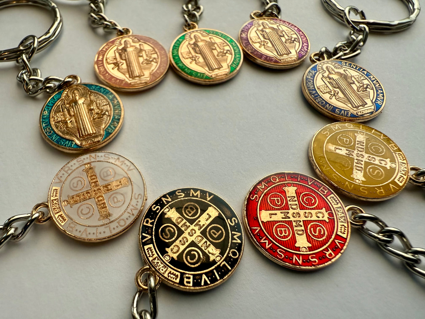 St Benedict Pendant Keyring Double Sided Medal Medallion *Various Colours*