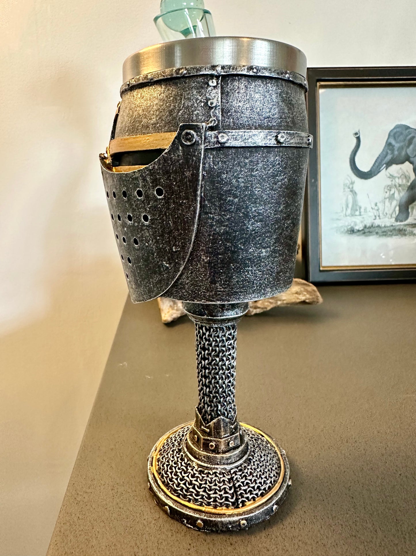 Medieval Knight Templar Helmet & Chain Mail Goblet Glass Cup