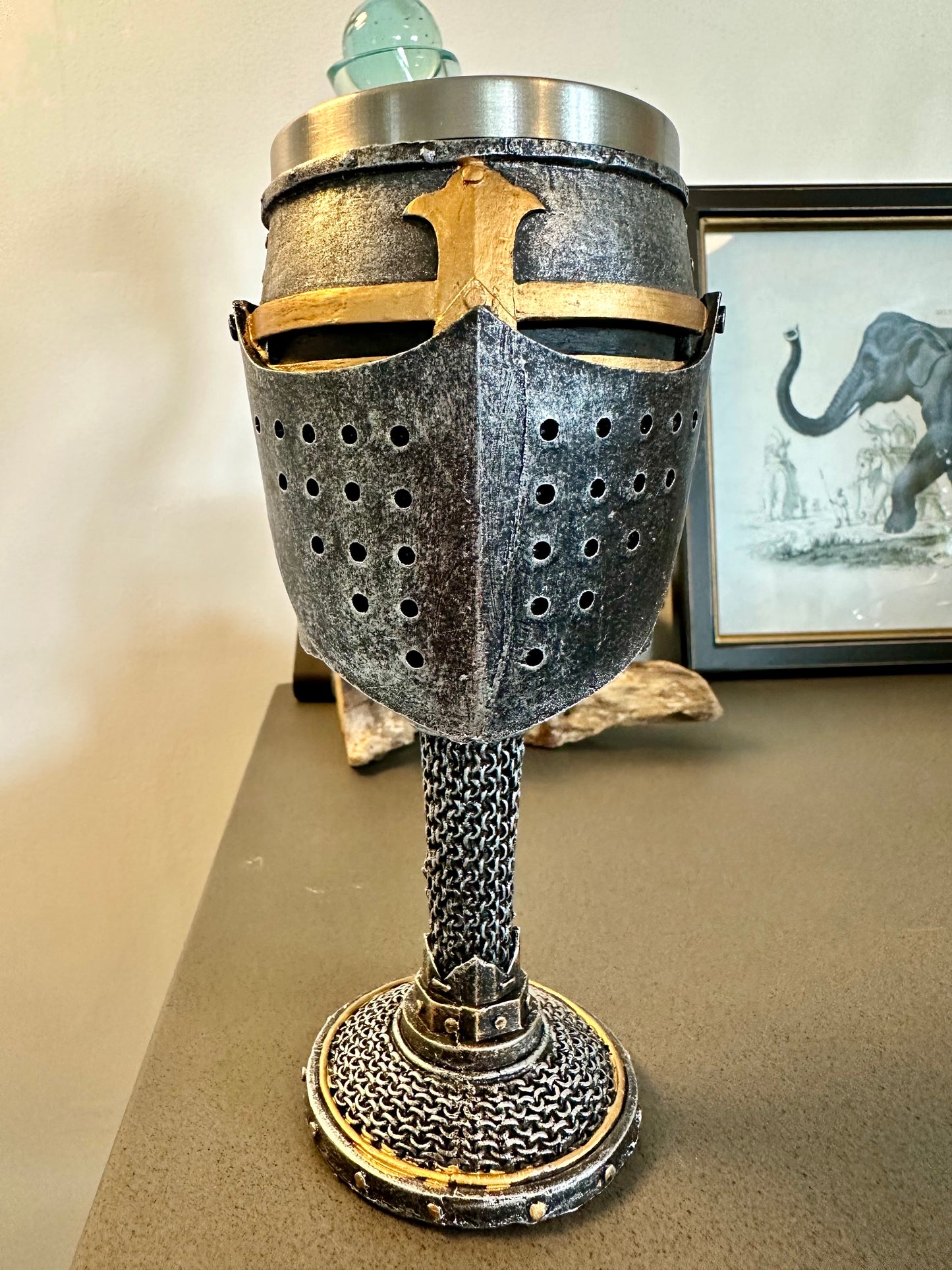 Medieval Knight Templar Helmet & Chain Mail Goblet Glass Cup