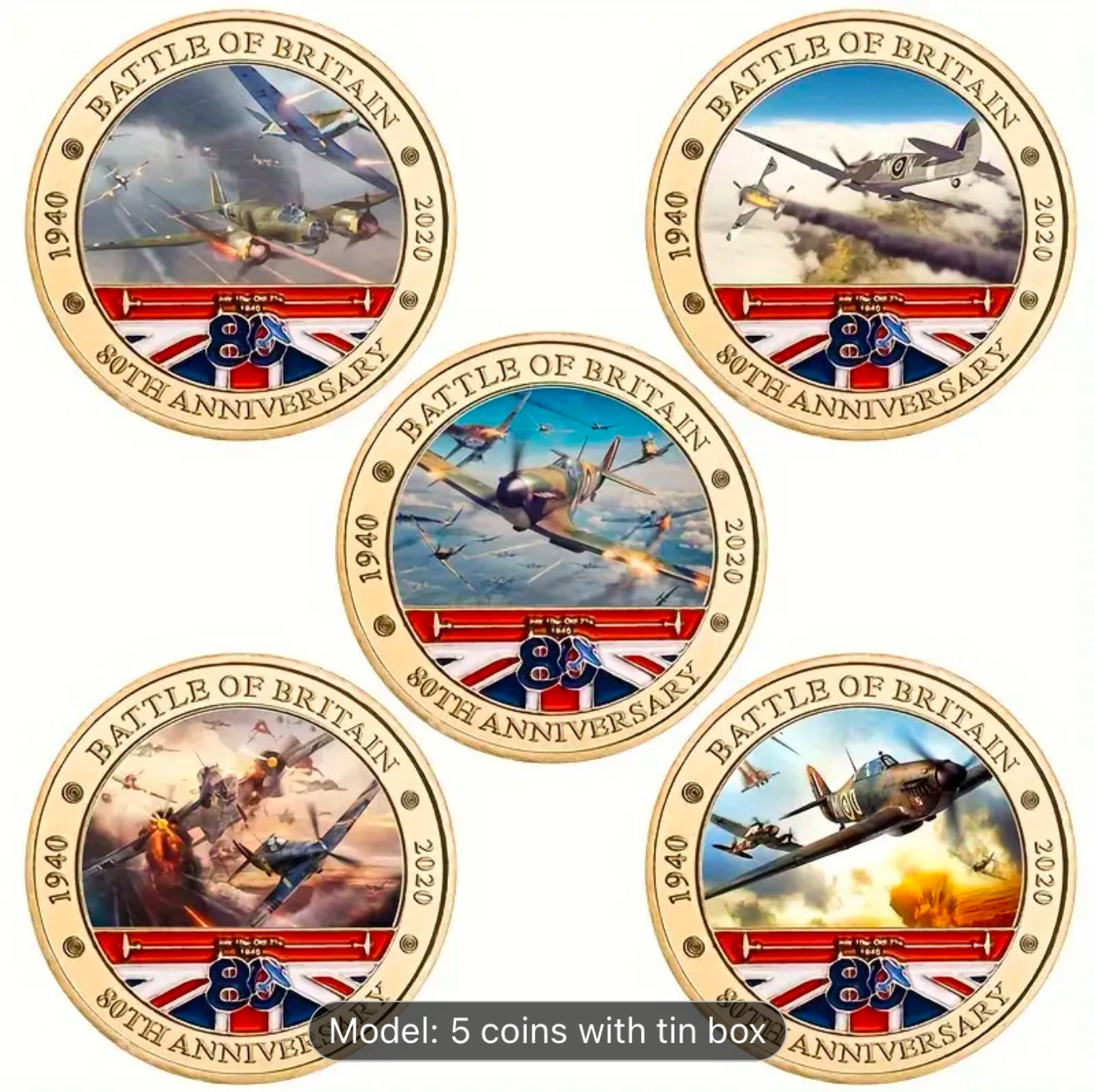 Battle Of Britain 80th Anniversary 5 Spitfire & Lancaster Battle Coin Set In Bag