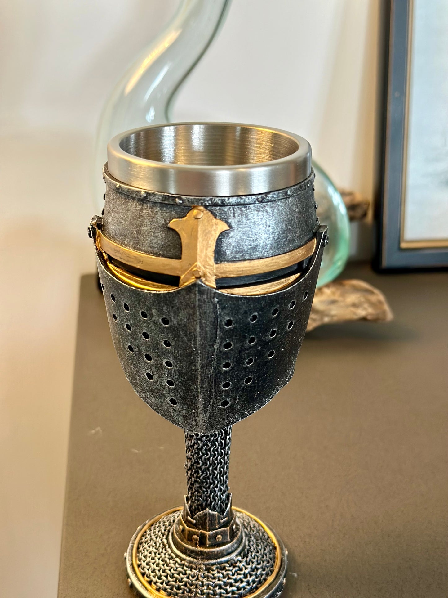 Medieval Knight Templar Helmet & Chain Mail Goblet Glass Cup