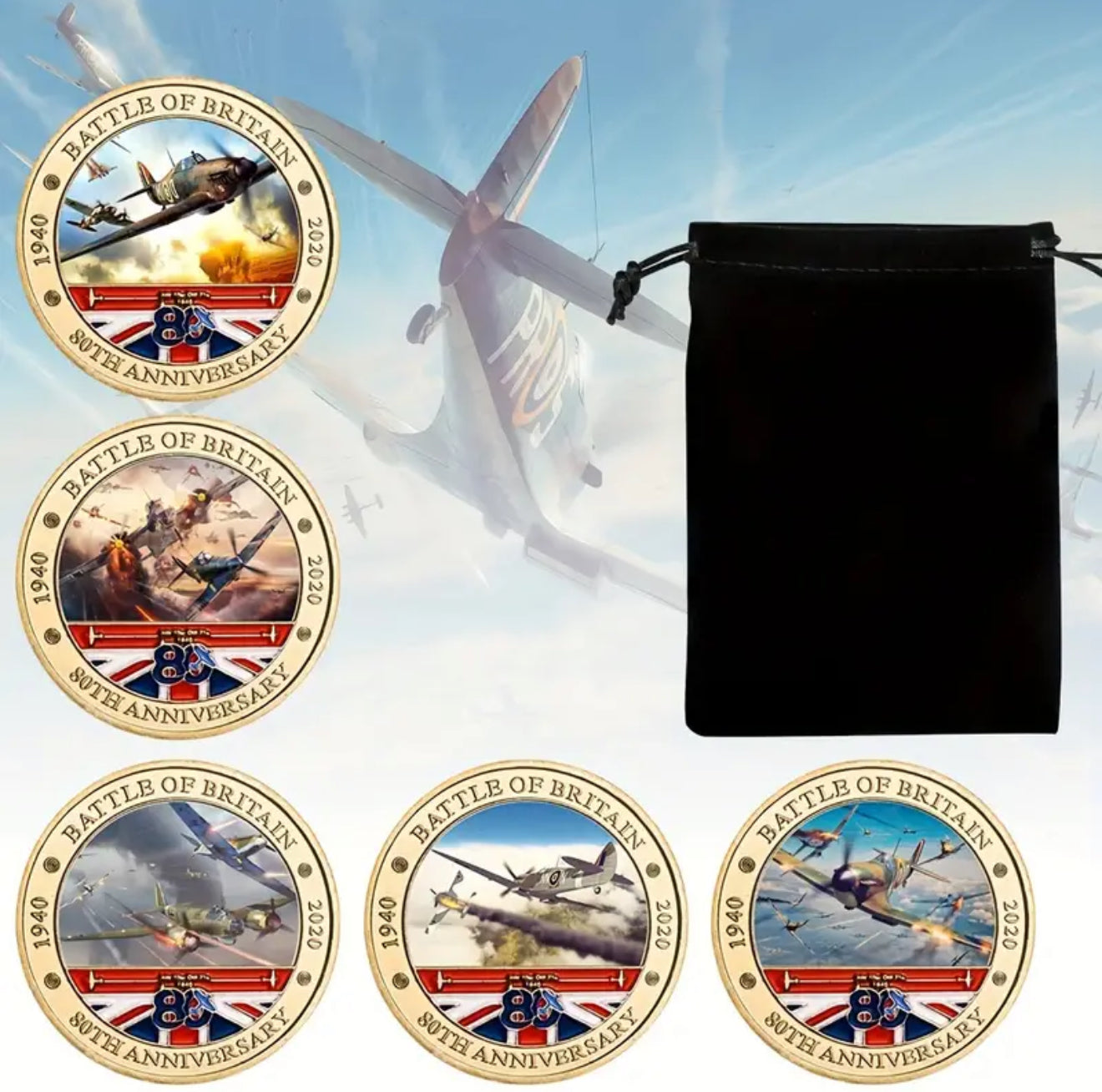Battle Of Britain 80th Anniversary 5 Spitfire & Lancaster Battle Coin Set In Bag