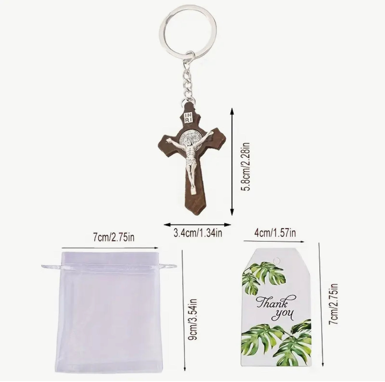 Crucifix Jesus Christ INRI Keyring with Thank You Card & Bag Gift Set Religious
