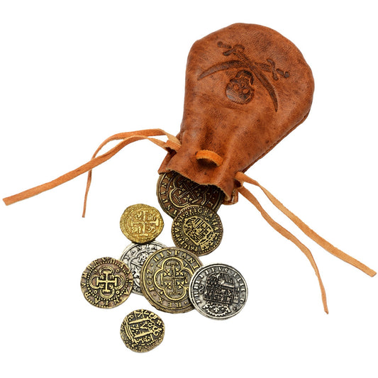 Jolly Roger Leather Treasure Bag with 8 Spanish Armada Pirate Gold Doubloons & Silver Reals