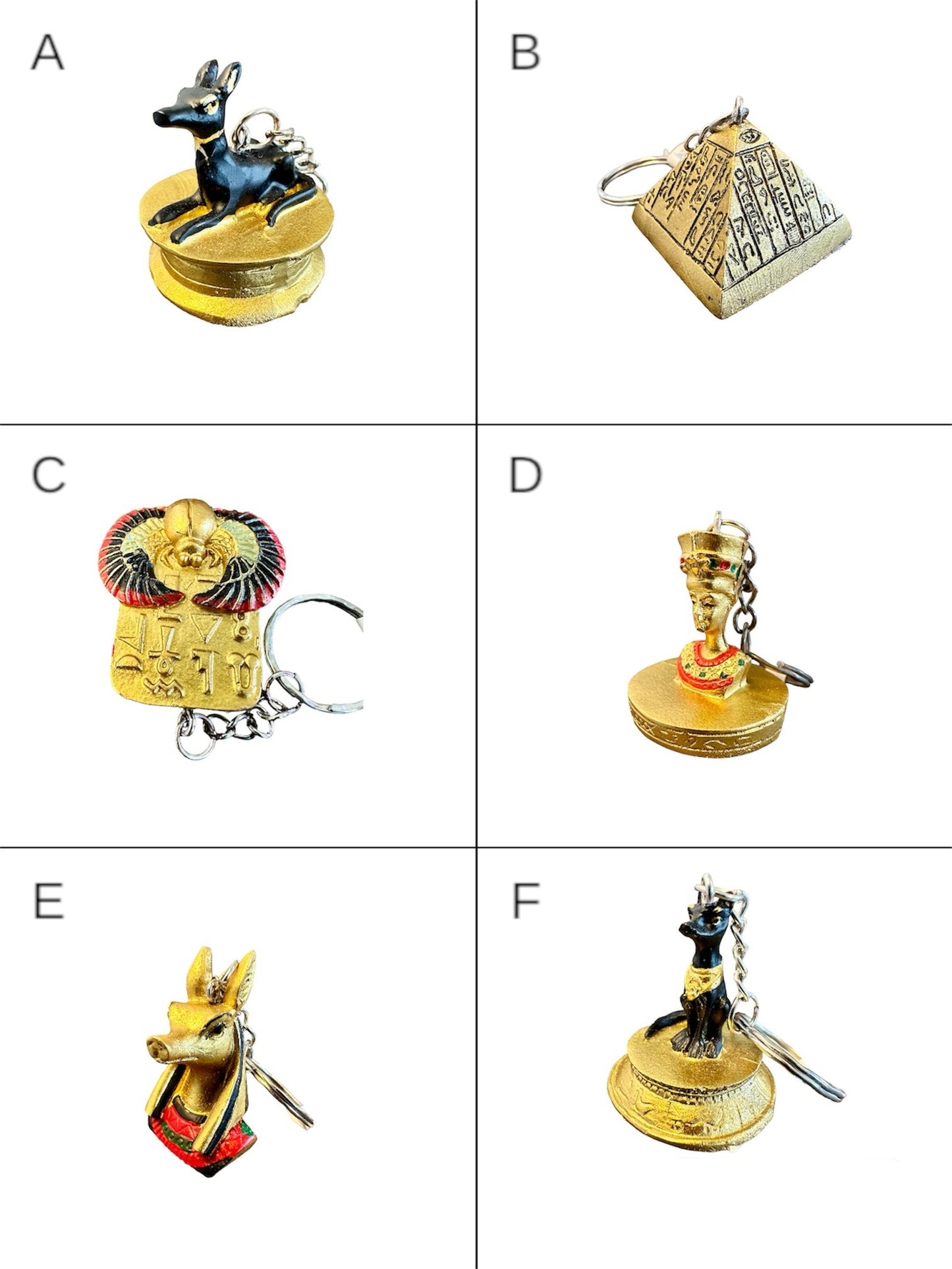 Egyptian Gold Keyring Scarab, Pyramid, Nerfertiti, Anubis