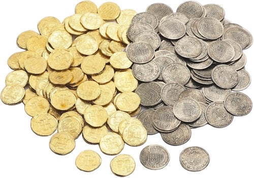 200 Mixed (Reproduction) Pirate Treasure Coins - Gold Doubloons and Silver 2 Reales