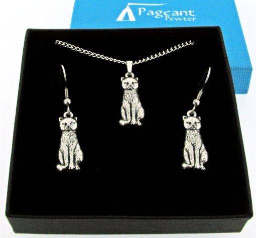 Cat Silver Pewter Earrings & Necklace Jewellery Set