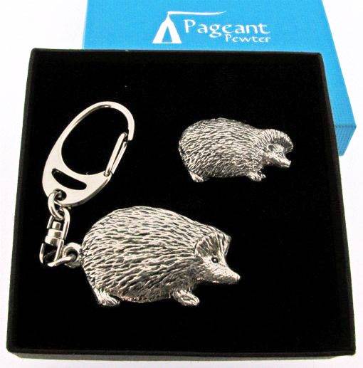 Hedgehog Silver Pewter Keyring & Pin Badge Gift Set