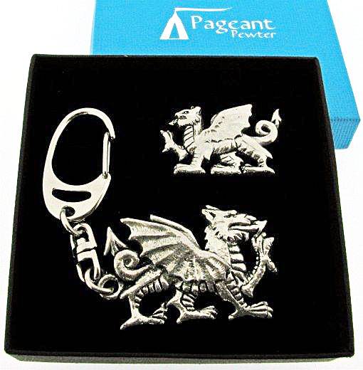 Welsh Dragon Silver Pewter Keyring & Pin Badge Gift Set