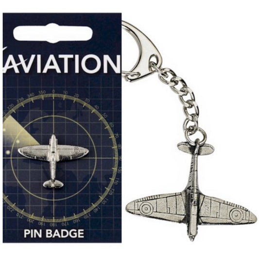 Spitfire Aeroplane Keyring & Pin Badge Set