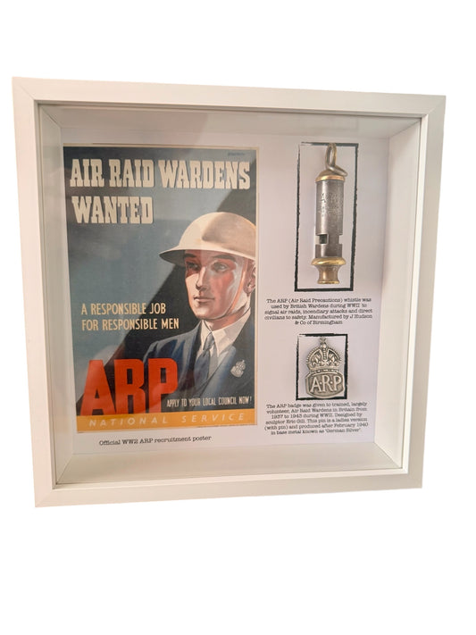 WW2 1940 ARP PIN BADGE + ARP J. HUDSON BIRMINGHAM WHISTLE Framed With Poster