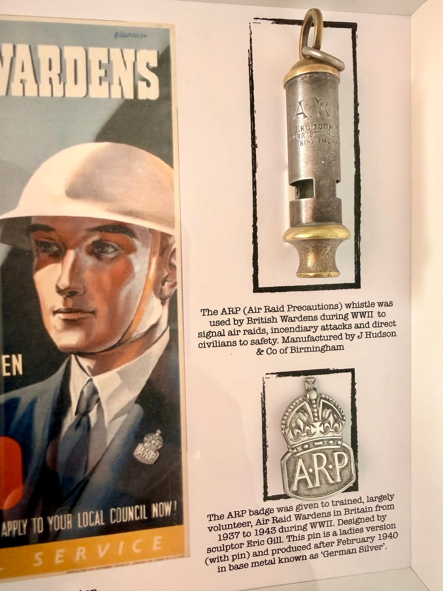 WW2 1940 ARP PIN BADGE + ARP J. HUDSON BIRMINGHAM WHISTLE Framed With Poster