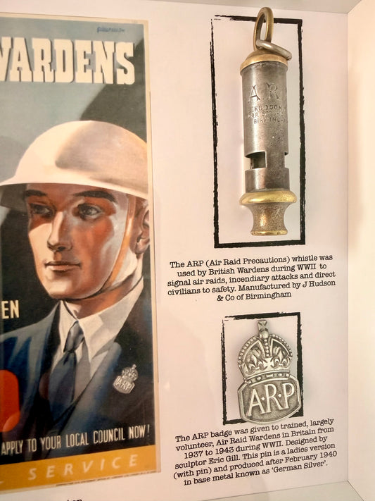 WW2 1940 ARP PIN BADGE + ARP J. HUDSON BIRMINGHAM WHISTLE Framed With Poster