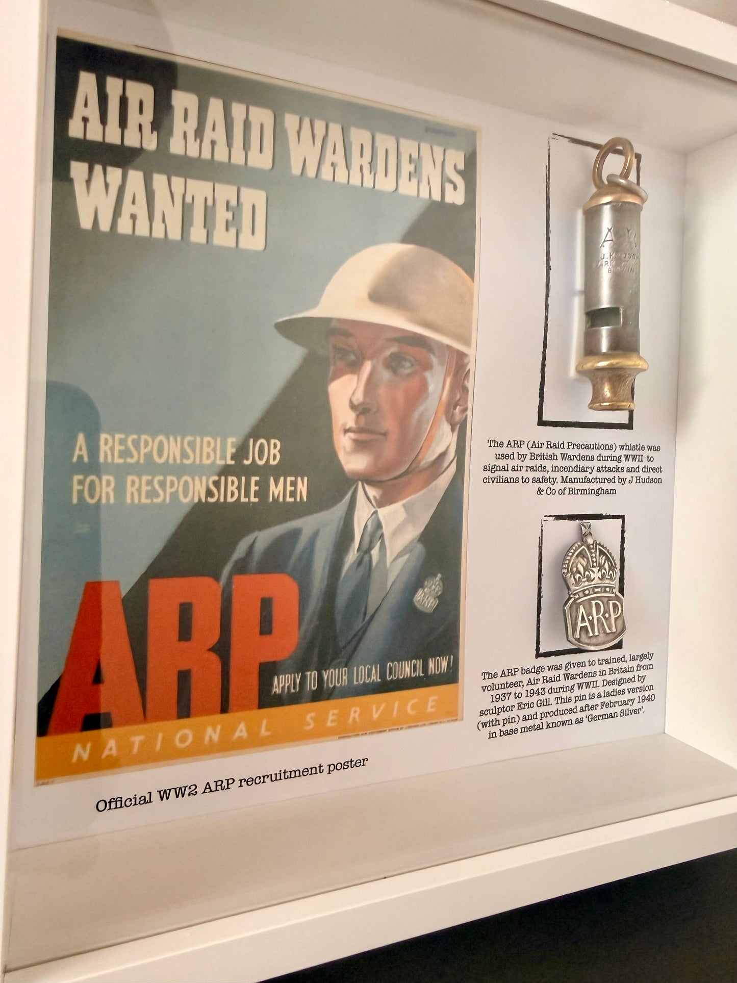 WW2 1940 ARP PIN BADGE + ARP J. HUDSON BIRMINGHAM WHISTLE Framed With Poster