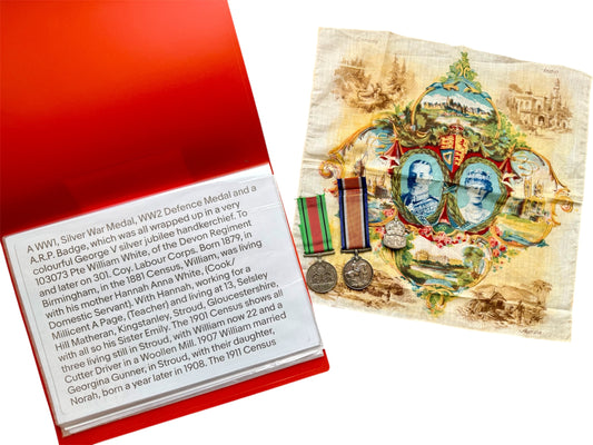 WW1 1914-1918 Silver War Medal Devonshire Regiment 1939-1945 Defence Medal & Silver ARP Pin Badge with George V Silver Jubilee Handkercheif
