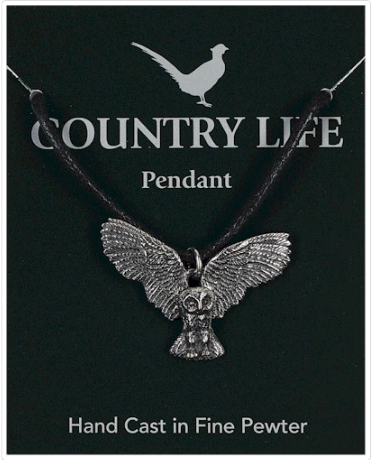 Flying Barn Owl Silver Pewter Pendant On A Waxed Cord