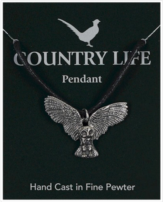 Flying Barn Owl Silver Pewter Pendant On A Waxed Cord