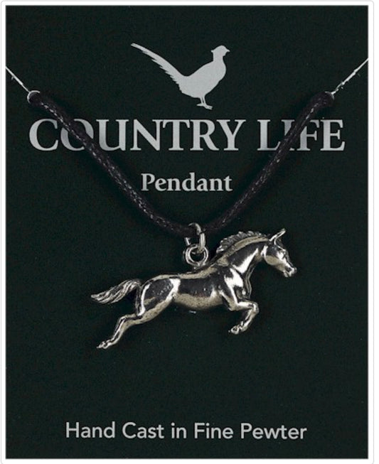 Galloping Horse Silver Pewter Pendant Necklace On Waxed Cord