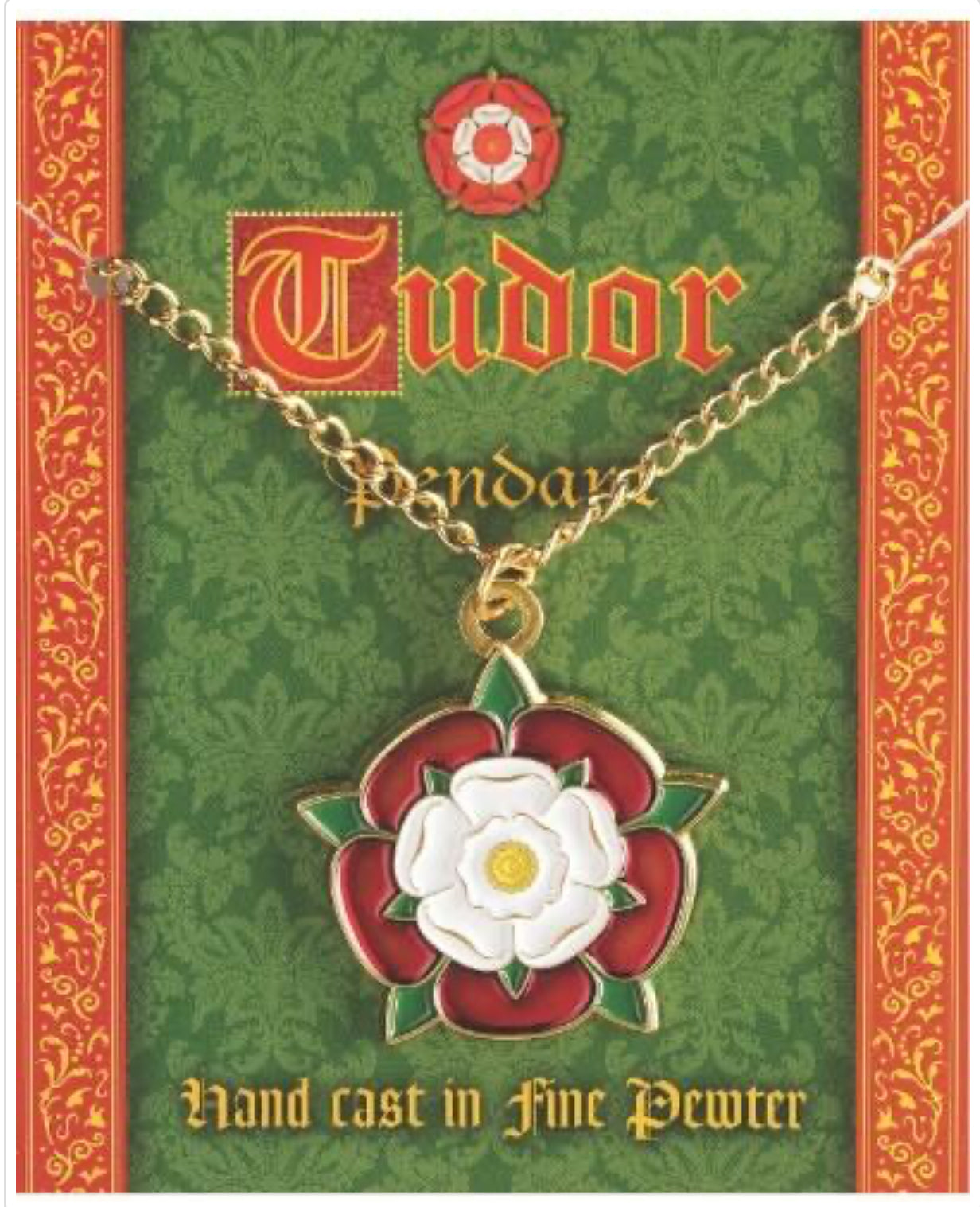 Tudor Rose Enamel Pendant On Gold Chain