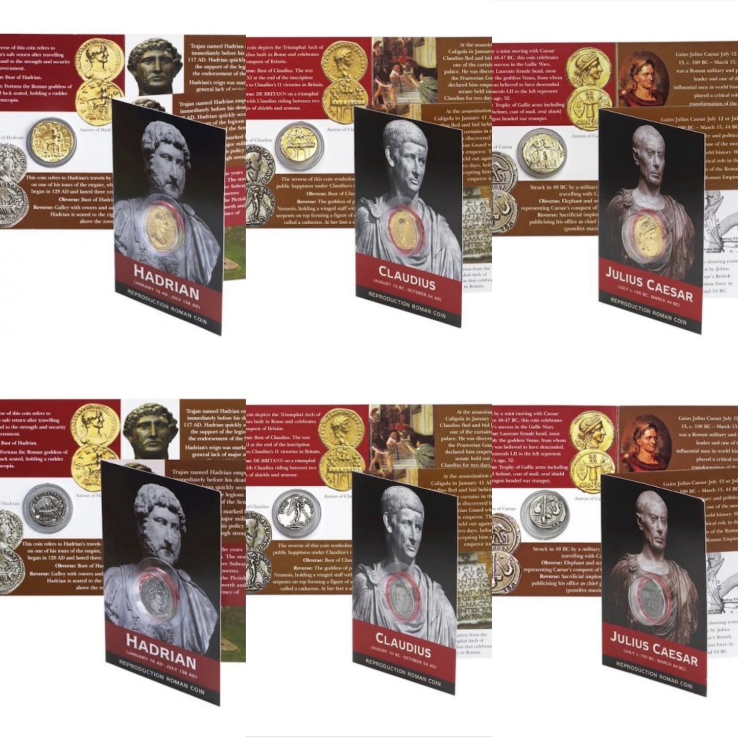 Roman Gold Aureus & Silver Denarius Coin Pack of CAESAR, CLAUDIUS & HADRIAN