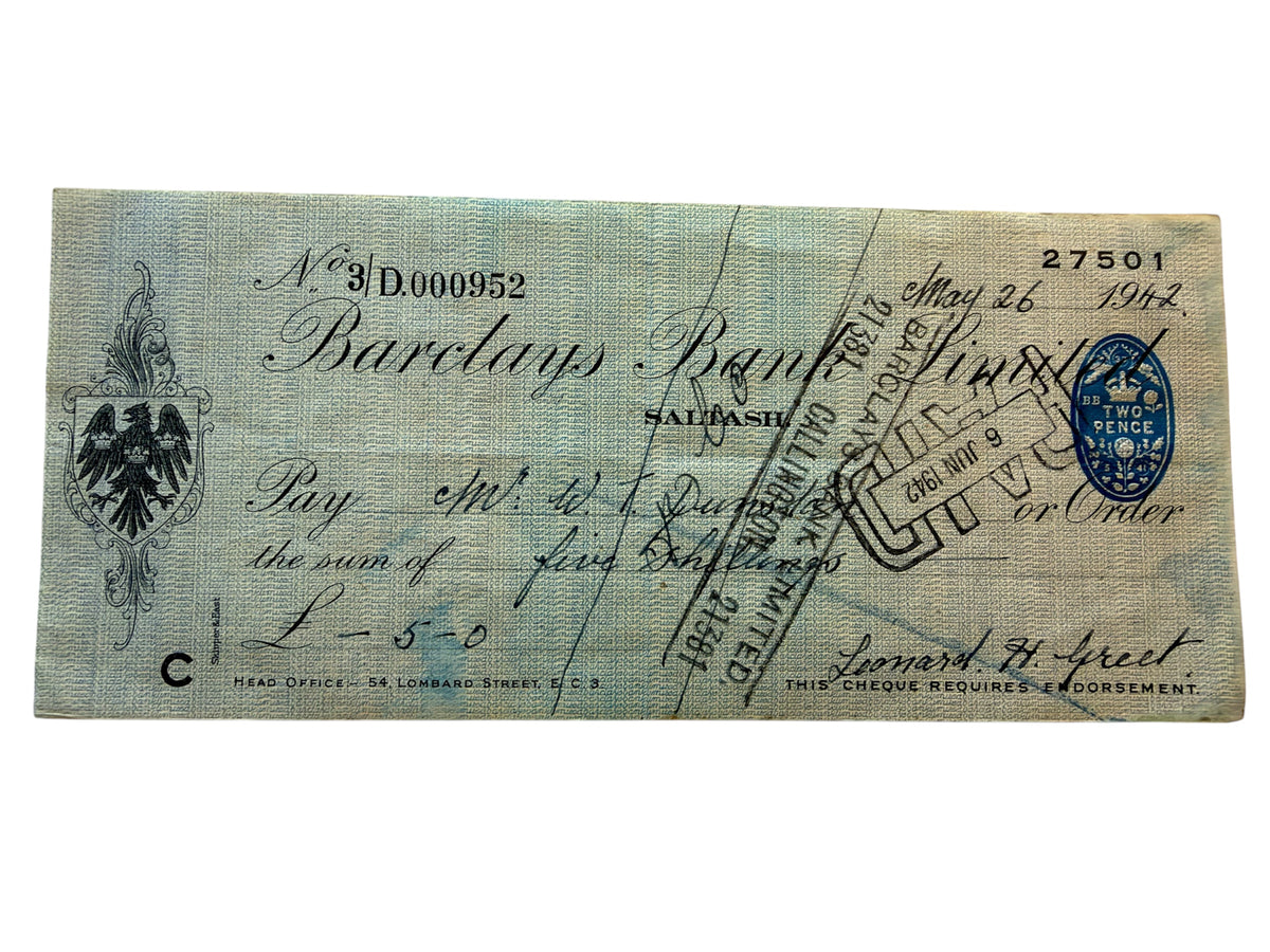 World War 2 Barclays Bank Cheque Dated 1942 from Saltash, Cornwall