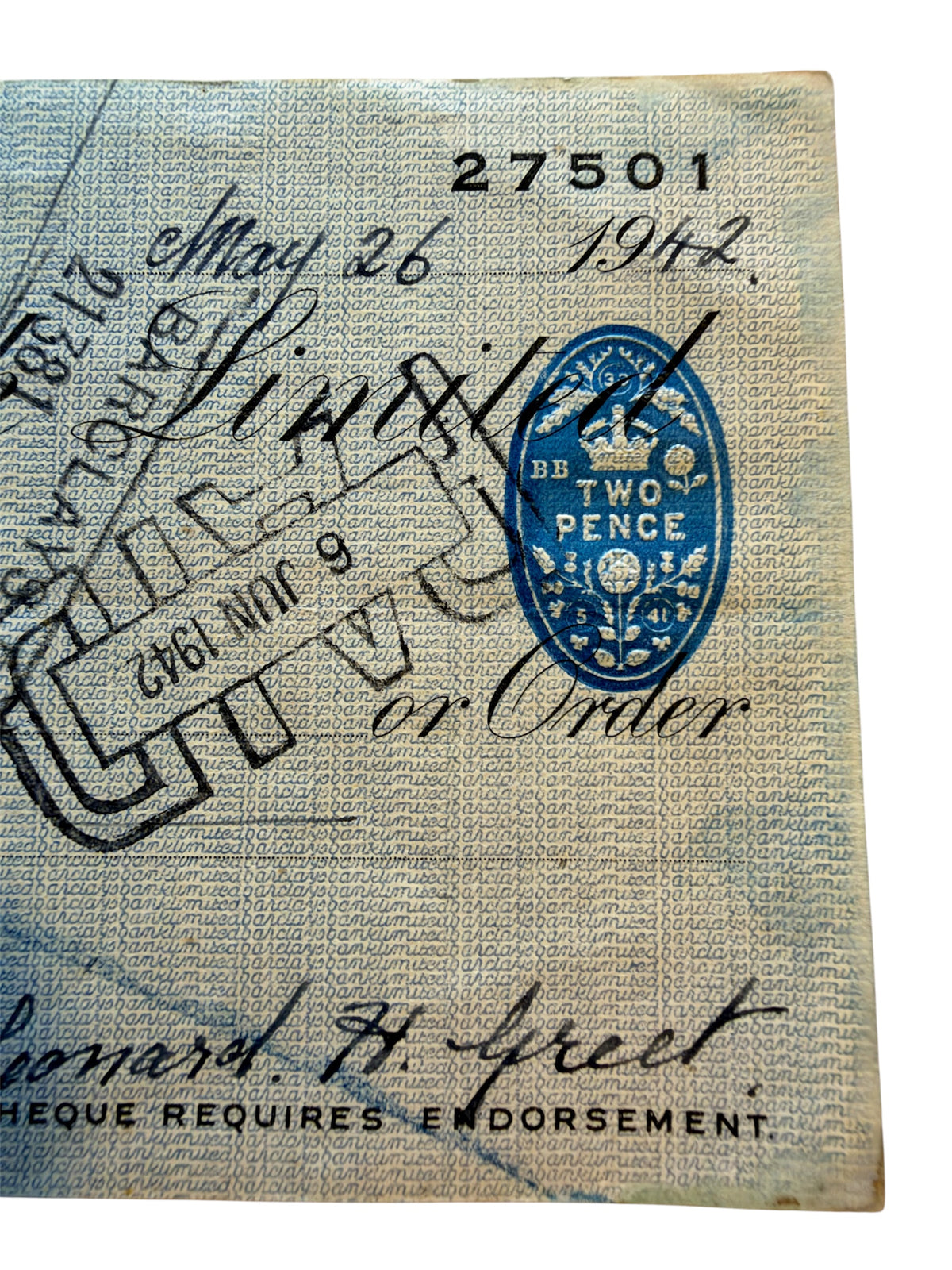 World War 2 Barclays Bank Cheque Dated 1942 from Saltash, Cornwall