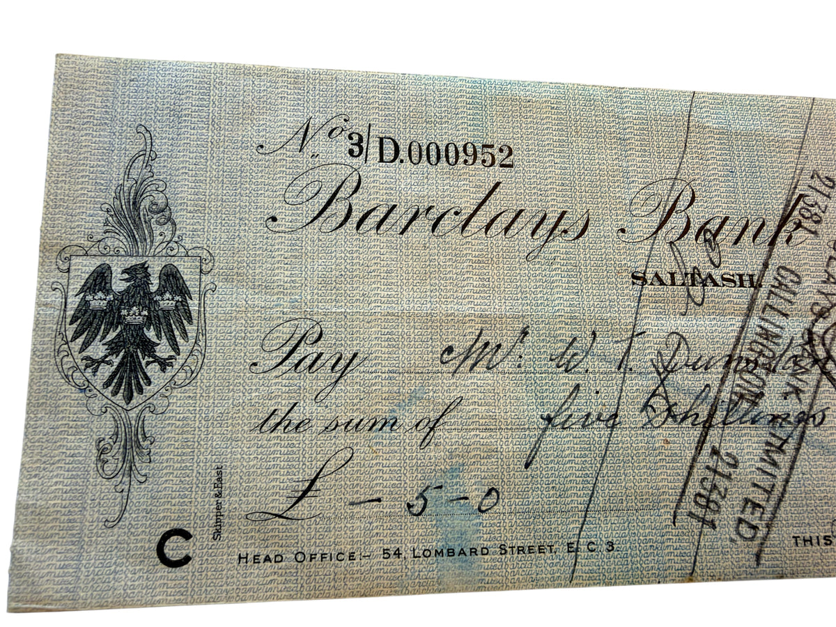 World War 2 Barclays Bank Cheque Dated 1942 from Saltash, Cornwall