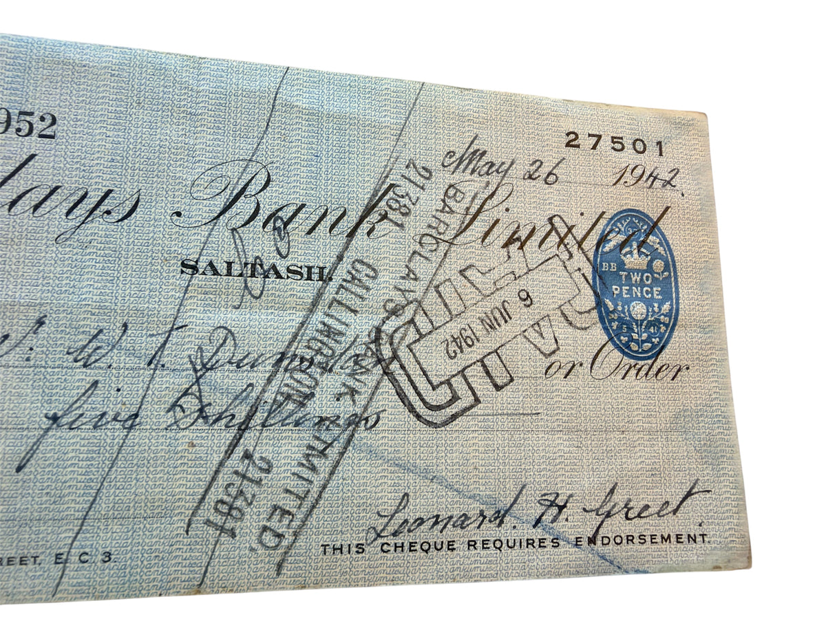 World War 2 Barclays Bank Cheque Dated 1942 from Saltash, Cornwall